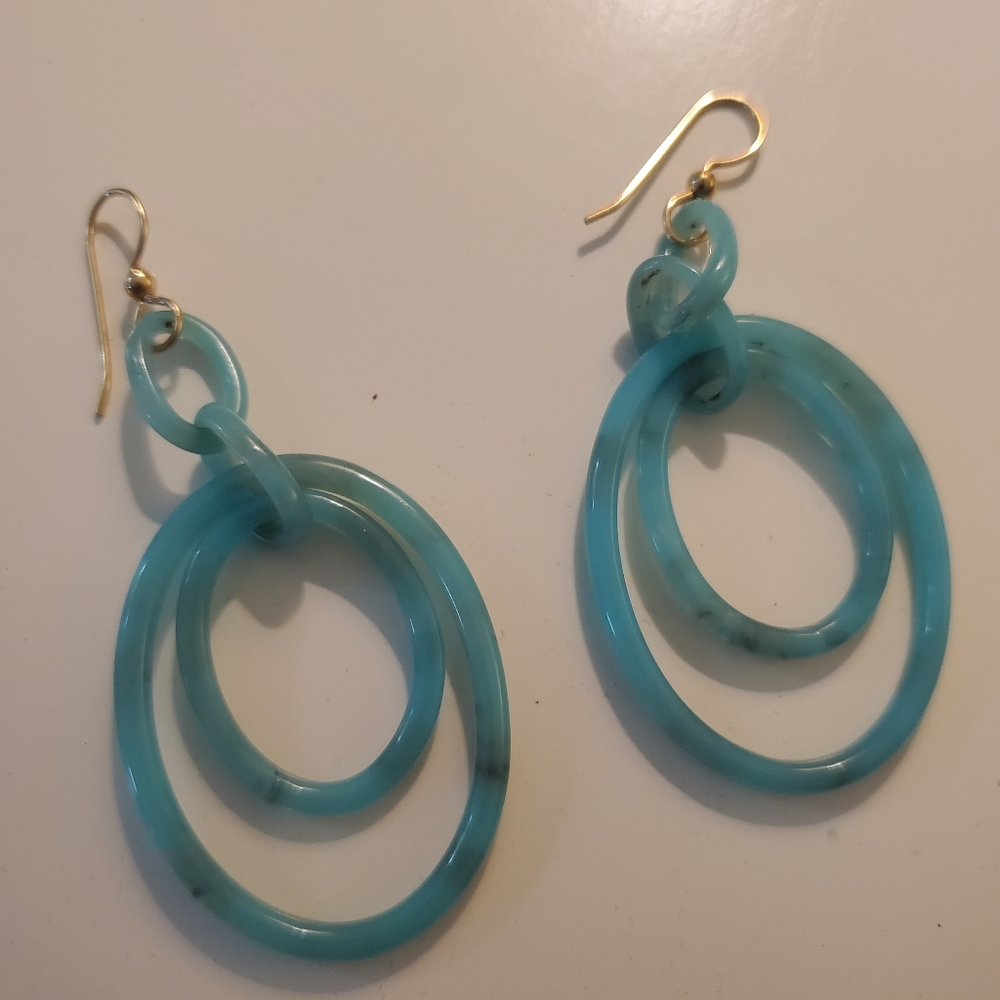 Aqua blue / green hoop earrings, tortoiseshell resin, lightweight!